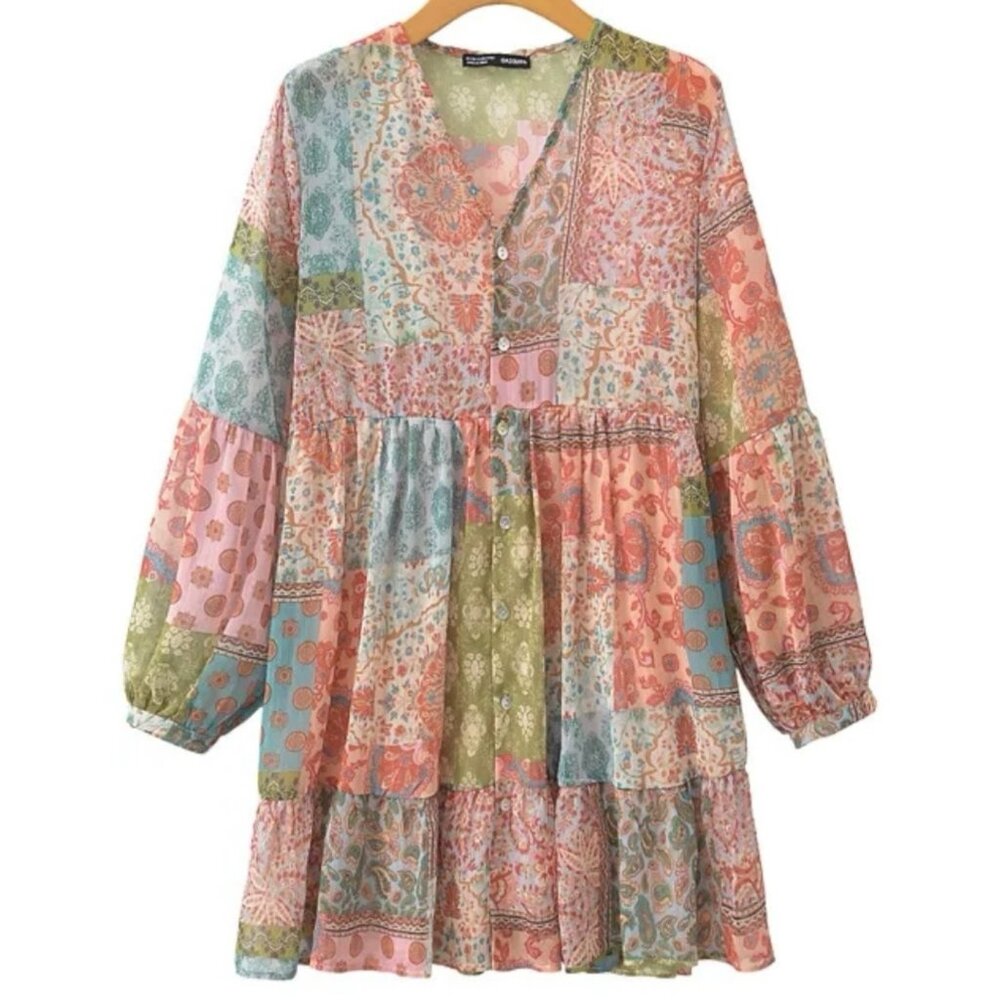 Women Bohemian Style Patchwork Multicolor Paisley V-Neck Short Mini Dress Size L - Picture 5 of 14